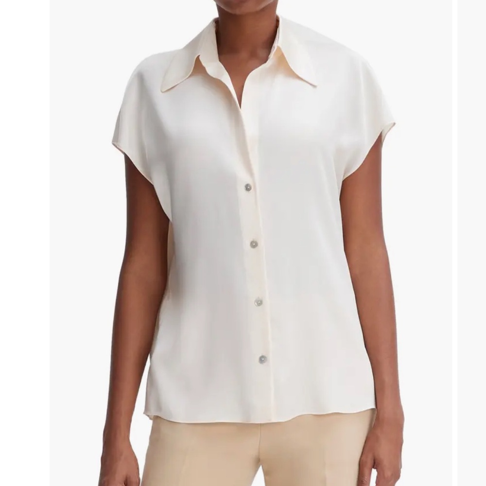 Vince Cap Sleeve Gathered Back Short Sleeve Silk Button-Up Shirt XXS